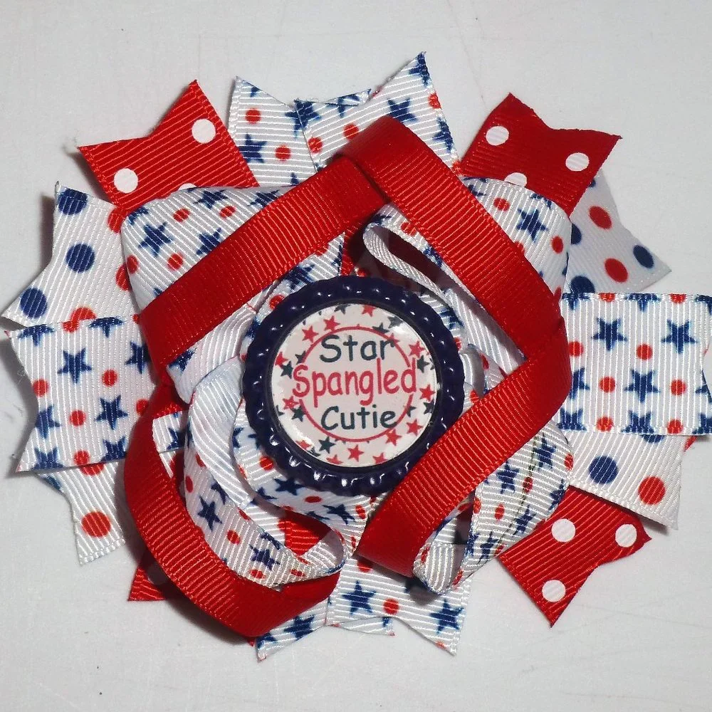 4th of July Patriotic Star Spangled Cutie Girls 5-Inch Hair Bow Clip